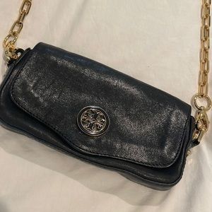 Tory Burch Mini Robinson Clutch Crossbody black with gold chain strap